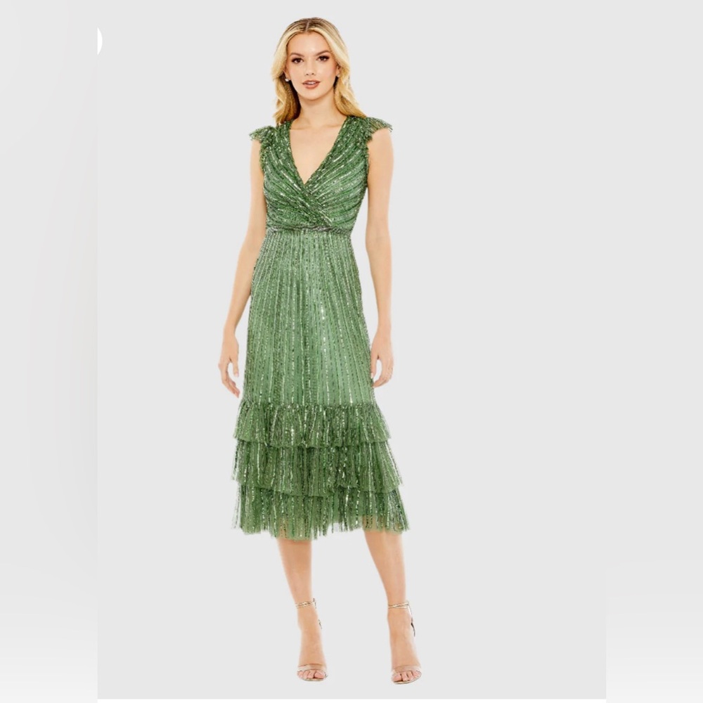 COPY - Mac Duggal Women's Sequined Wrap Over Cap Sleeve Ruffle Hem Sage gown Sz…
